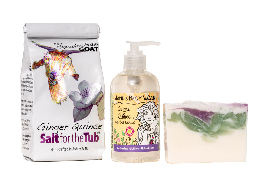 GINGER QUINCE GIFT SET: BATH SALTS, 8 oz LIQUID SOAP & SOAP SLICE