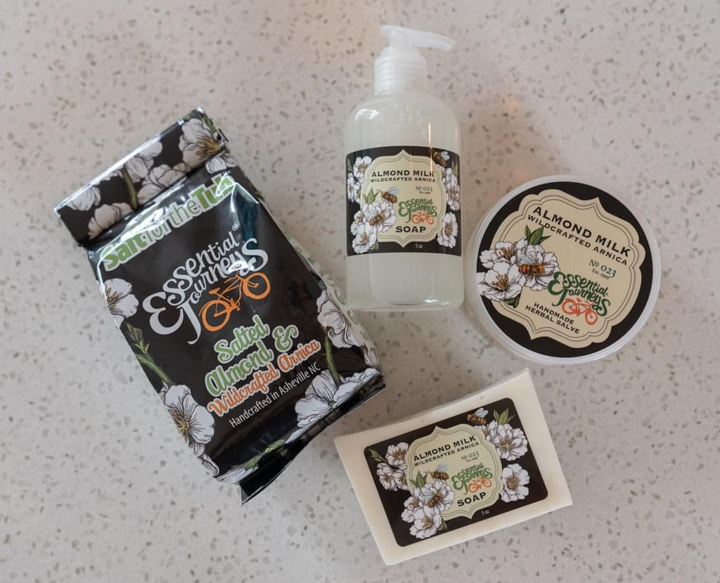 FOR THE LOVE OF ALMOND MILK DELUX GIFT SET: ARNICA SALVE, ALMOND SPA ARNICA SALTS, LIQUID SOAP & BAR SOAP