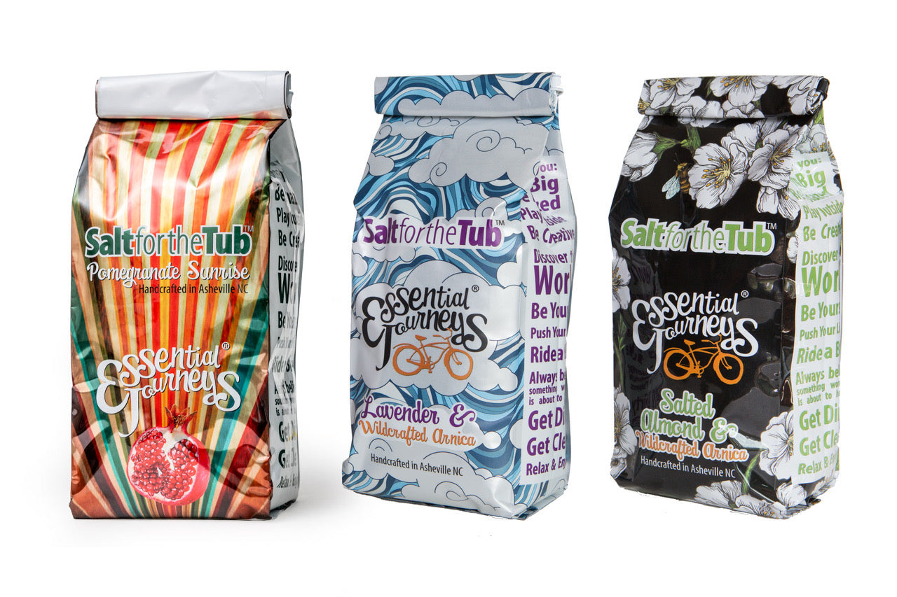 3 BAG SPECIAL: POMEGRANATE SUNRISE, LAVENDER, and SALTED ALMOND BATH SALTS (All Made With Arnica)16 oz.