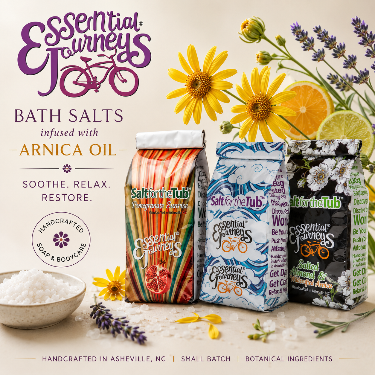 3 BAG SPECIAL: POMEGRANATE SUNRISE, LAVENDER, and SALTED ALMOND BATH SALTS (All Made With Arnica)16 oz.