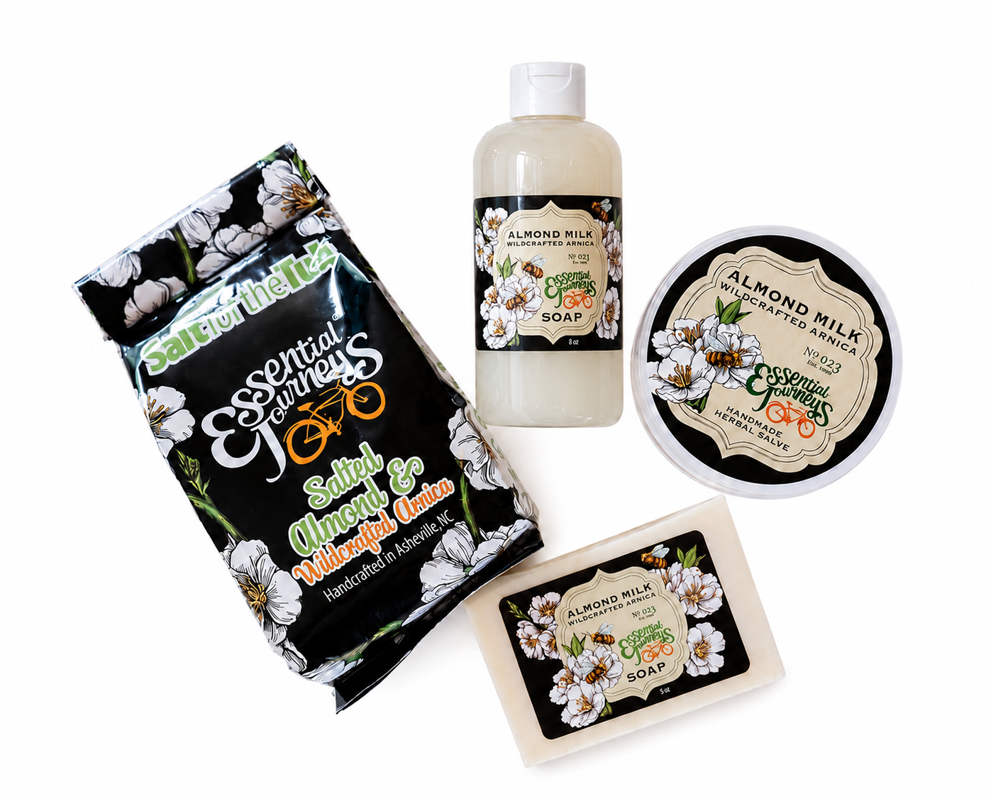 FOR THE LOVE OF ALMOND MILK DELUX GIFT SET: ARNICA SALVE, ALMOND SPA ARNICA SALTS, LIQUID SOAP & BAR SOAP