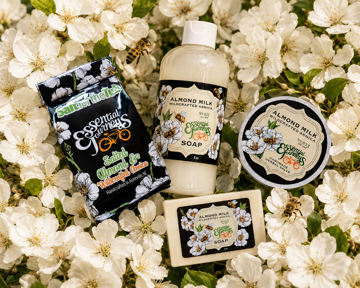 FOR THE LOVE OF ALMOND MILK DELUX GIFT SET: ARNICA SALVE, ALMOND SPA ARNICA SALTS, LIQUID SOAP & BAR SOAP
